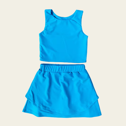Preorder GSD2659 Girls Yoga Sets Pure Blue Sleeveless Skirts 202506