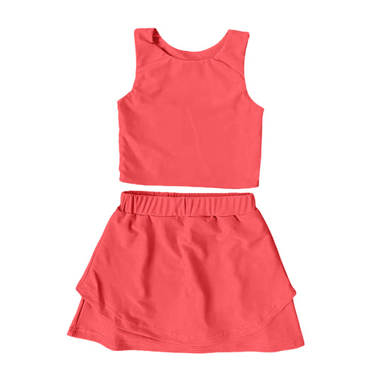 Preorder GSD2660 Girls Yoga Sets Pure Coral Red Sleeveless Skirts 202506