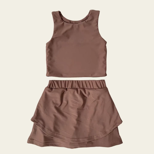 Preorder GSD2666 Girls Yoga Sets Pure Maroon Sleeveless Skirts 202506