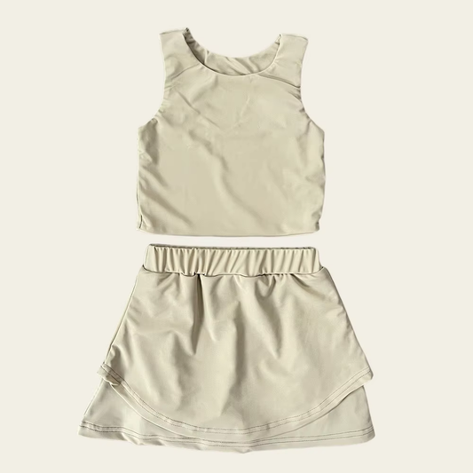 Preorder GSD2669 Girls Yoga Sets Pure Light Khaki Sleeveless Skirts 202506