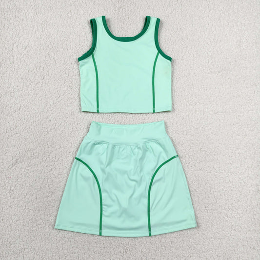 GSD2671 Girls Yoga Sets Green Contrast Sleeveless Skirts 202606 RTS