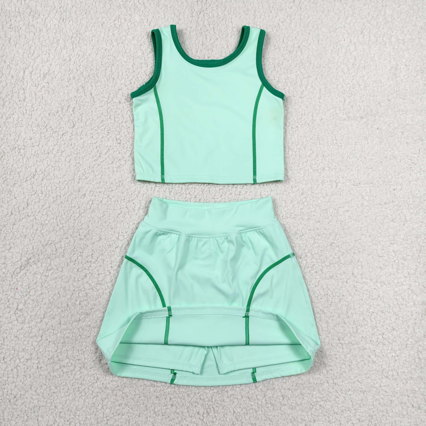 GSD2671 Girls Yoga Sets Green Contrast Sleeveless Skirts 202606 RTS