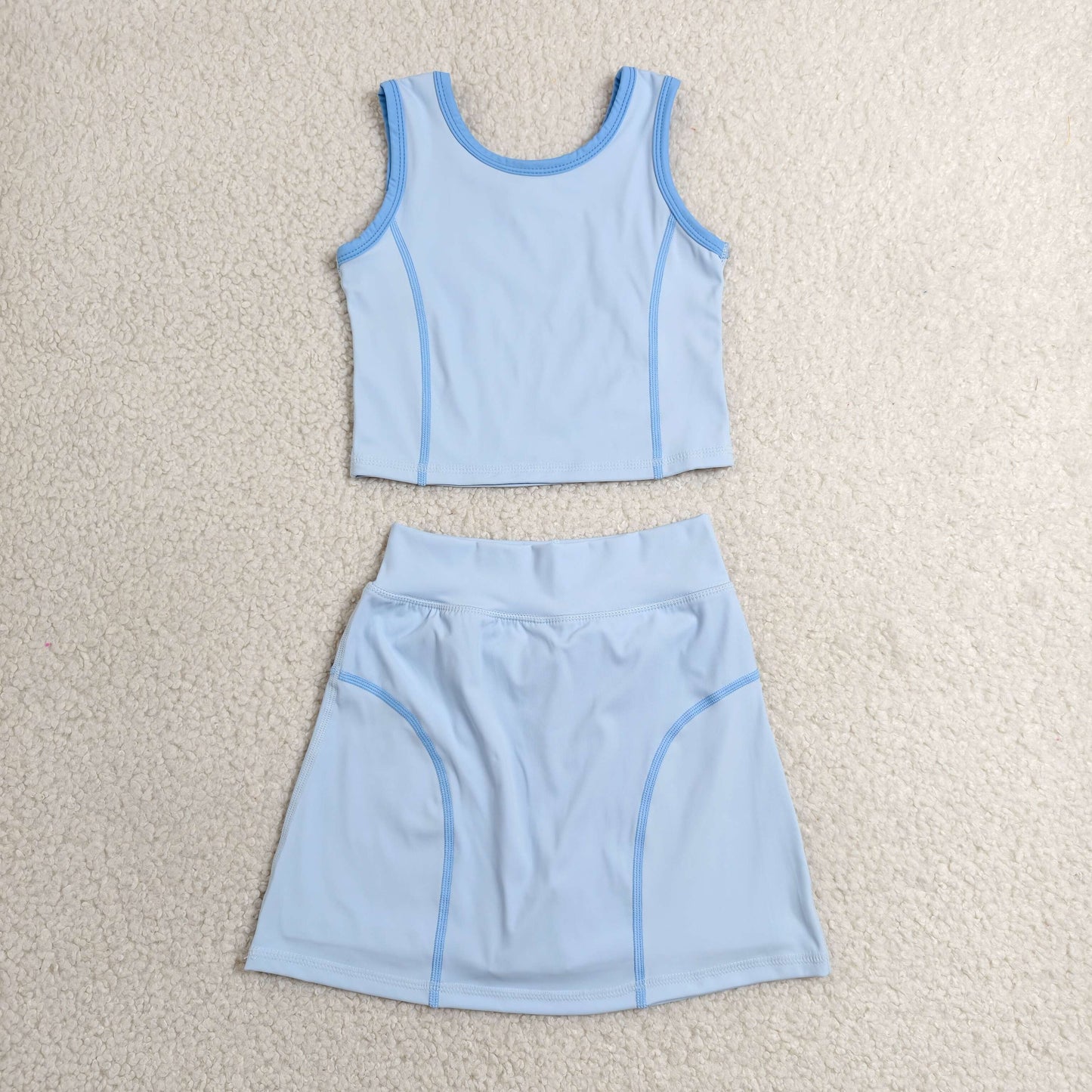 GSD2674 Girls Yoga Sets Blue Contrast Sleeveless Skirts 202606 RTS