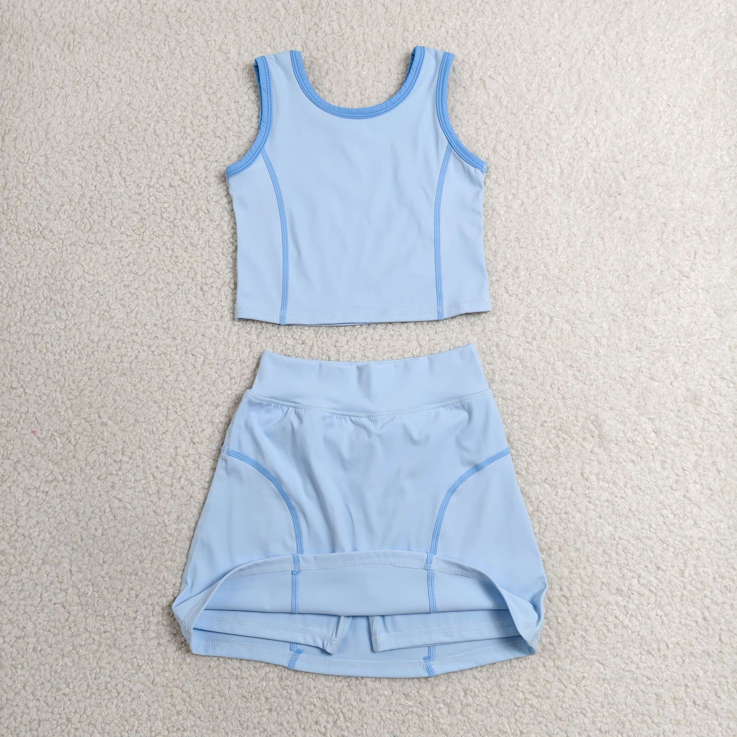GSD2674 Girls Yoga Sets Blue Contrast Sleeveless Skirts 202606 RTS