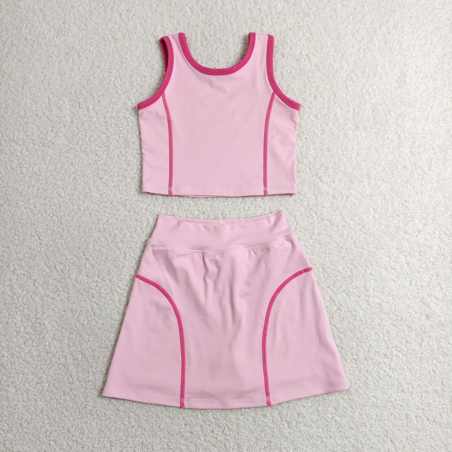 GSD2675 Girls Yoga Sets Pink Contrast Sleeveless Skirts 202606 RTS
