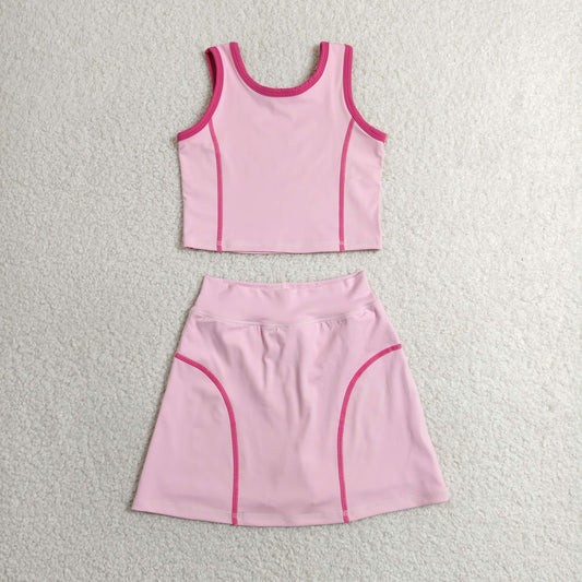 GSD2675 Girls Yoga Sets Pink Contrast Sleeveless Skirts 202606 RTS