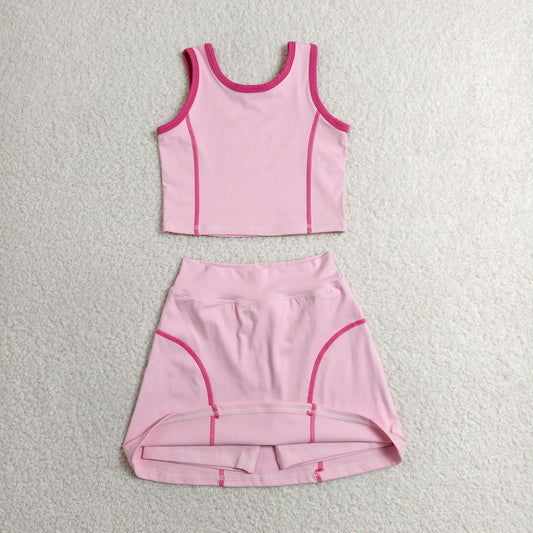 GSD2675 Girls Yoga Sets Pink Contrast Sleeveless Skirts 202606 RTS