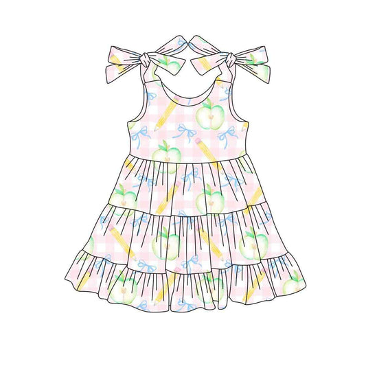 Preorder GSD2679 Girls Boutique Back to School Apple Bows Pencil Halter Dress 202506