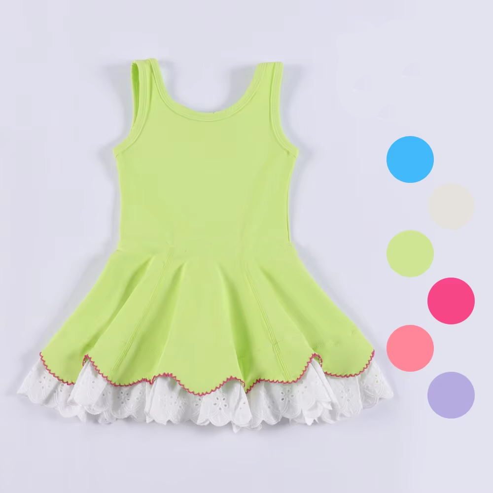 Preorder GSD2681 Lace Ruffle Pure Yellow Green Sleeveless Yoga Dress Girls Boutique Clothes  202506