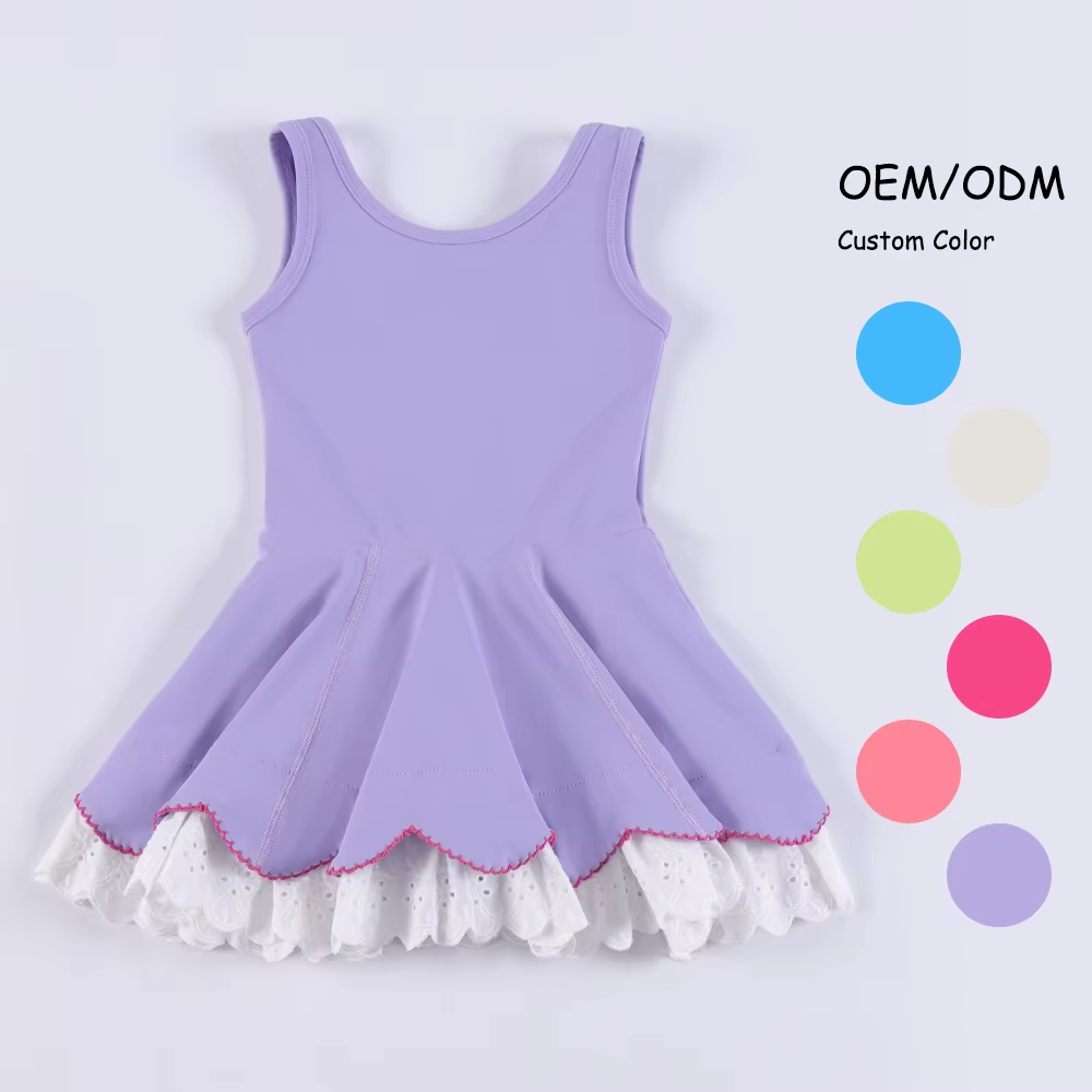 Preorder GSD2685 Lace Ruffle Pure Light Purple Sleeveless Yoga Dress Girls Boutique Clothes  202506
