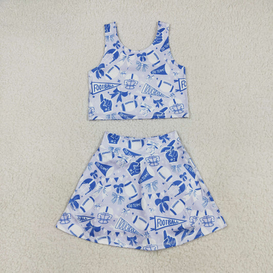 GSD2688 Girls Yoga Sets Football Pattern Gray Blue Sleeveless Skirts 202507 RTS