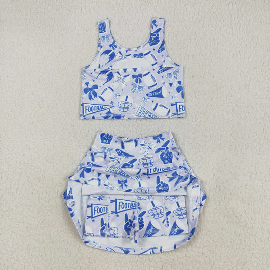 GSD2688 Girls Yoga Sets Football Pattern Gray Blue Sleeveless Skirts 202507 RTS