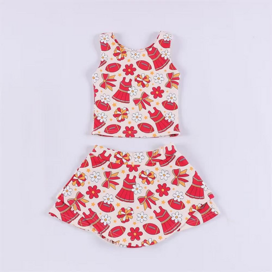 Preorder GSD2691 Girls Yoga Sets Flower Star Orange Red Sleeveless Skirts 202506