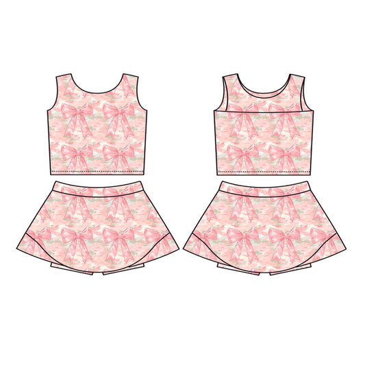 Preorder GSD2701 Girls Yoga Sets Orange Pink Bows Sleeveless Skirts 202506