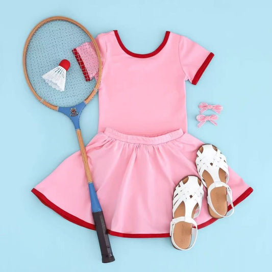 Preorder GSD2707 Girls Boutique Solid Pink Short Sleeve Skirt Yoga Set 202506