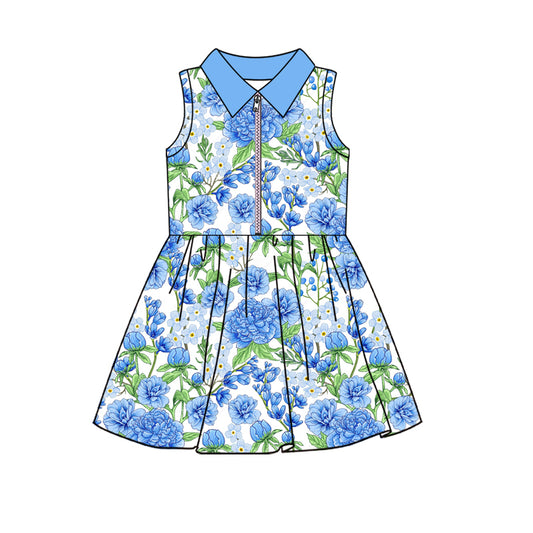 Preorder GSD2713 Girls Boutique Flower Blue Polo  Sleeveless Dress 202506