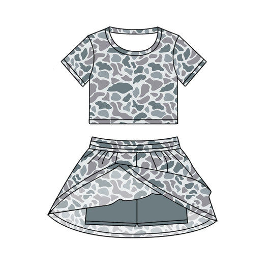 Preorder GSD2724 Baby Girls Gray Blue Camouflage Short Sleeve Skirts Sets  202506