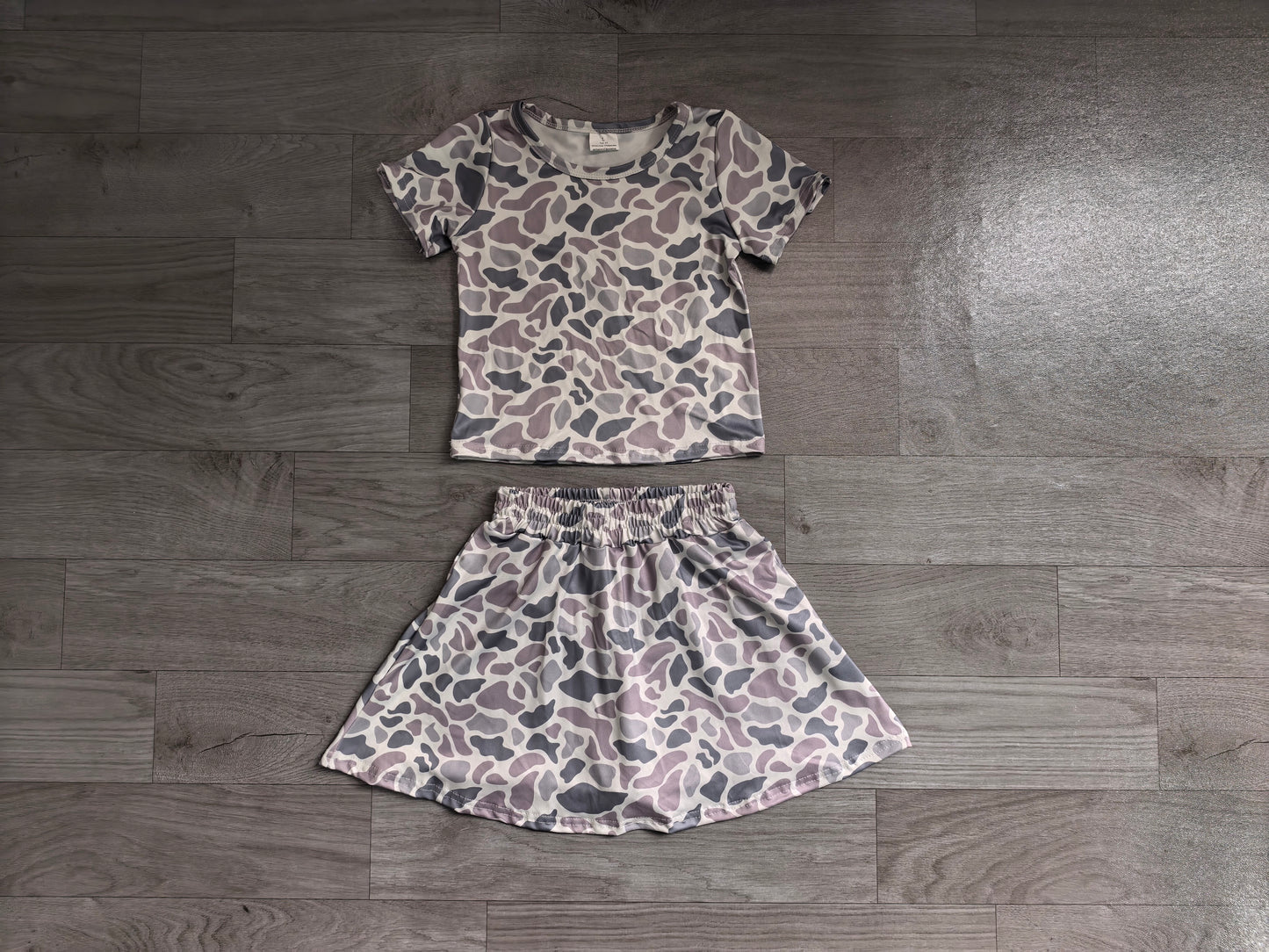 NO MOQ Preorder GSD2724 Baby Girls Gray Blue Camouflage Short Sleeve Skirts Sets  202606