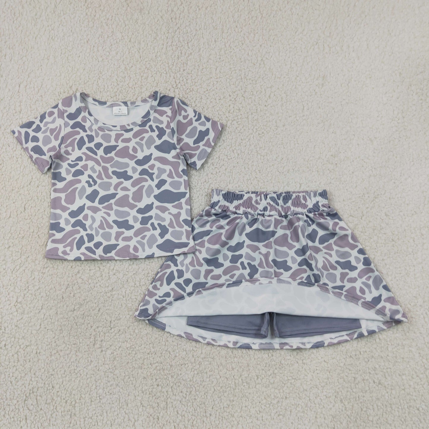 GSD2724 Baby Girls Gray Blue Camouflage Short Sleeve Skirts Sets  202607 RTS