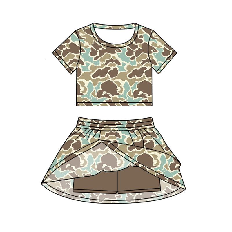 Preorder GSD2729 Baby Girls Brown Green Blue Camouflage Short Sleeve Skirts Sets  202506