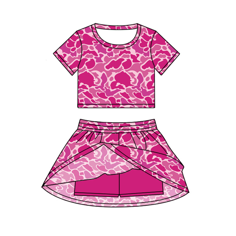 Preorder GSD2730 Baby Girls Rose Red Camouflage Short Sleeve Skirts Sets  202506