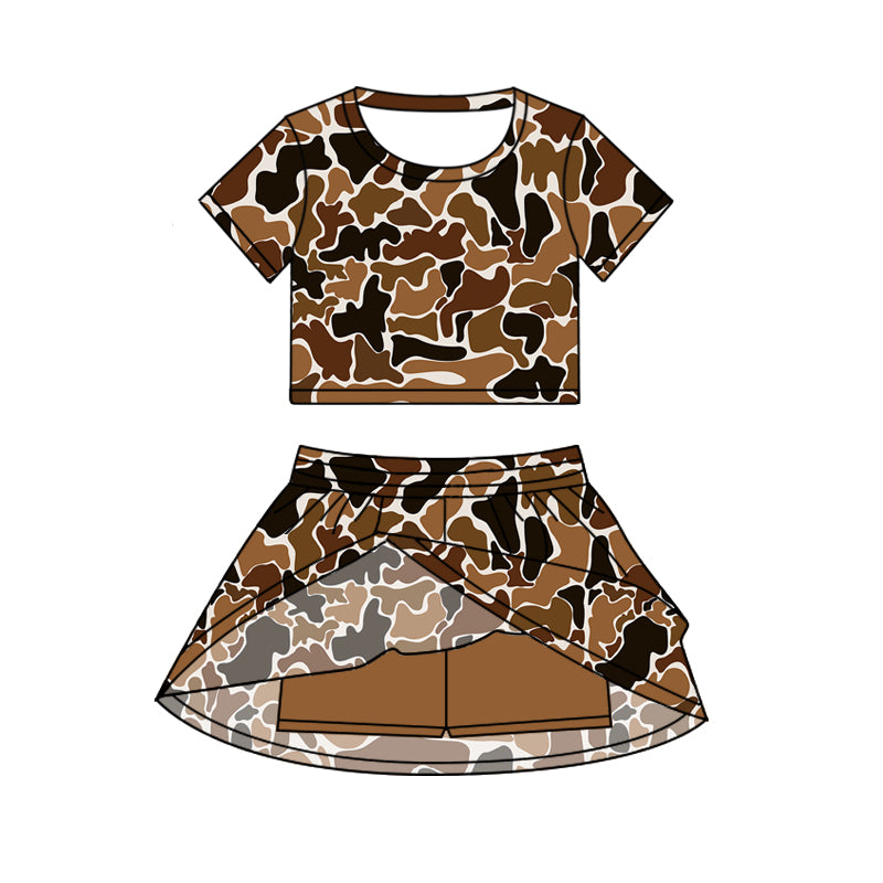 Preorder GSD2731 Baby Girls Brown Camouflage Short Sleeve Skirts Sets  202506