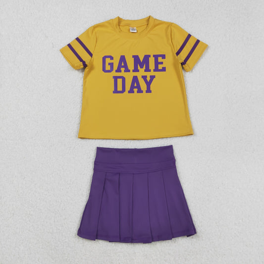 GSD2740 Girls Boutique Offset Print Game Day Stripe Yellow Short Sleeves Purple Pleated Skirts Shorts Kids Yoga Set 202508 RTS