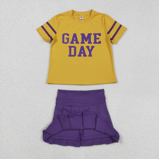 GSD2740 Girls Boutique Offset Print Game Day Stripe Yellow Short Sleeves Purple Pleated Skirts Shorts Kids Yoga Set 202508 RTS