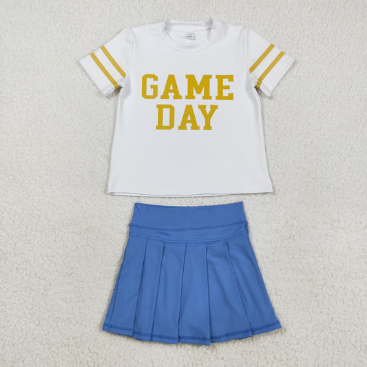 GSD2741 Offset Print Game Day Stripe White Yellow Short Sleeves Blue Pleated Skirts Shorts Girls Yoga Set 202508 RTS