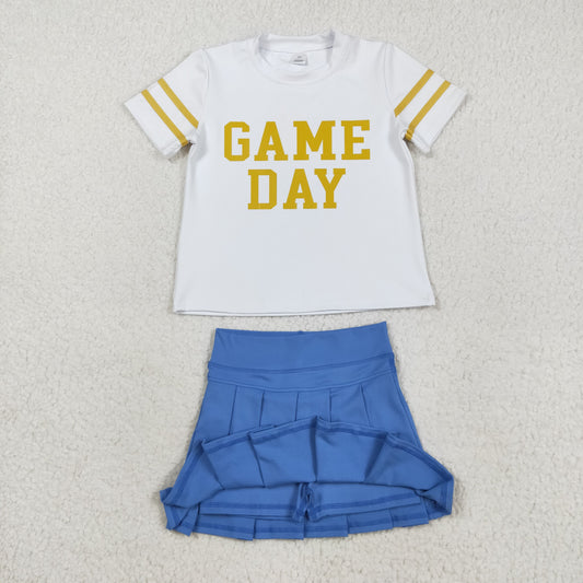 GSD2741 Offset Print Game Day Stripe White Yellow Short Sleeves Blue Pleated Skirts Shorts Girls Yoga Set 202508 RTS