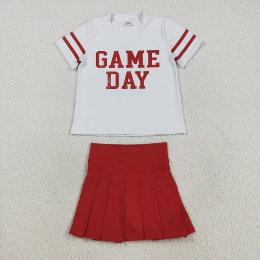 GSD2742 Girls Boutique Game Day Stripe White Red Short Sleeves Pleated Skirts Shorts Kids Yoga Set 202508 RTS