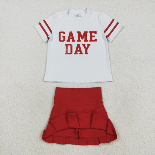 GSD2742 Girls Boutique Game Day Stripe White Red Short Sleeves Pleated Skirts Shorts Kids Yoga Set 202508 RTS