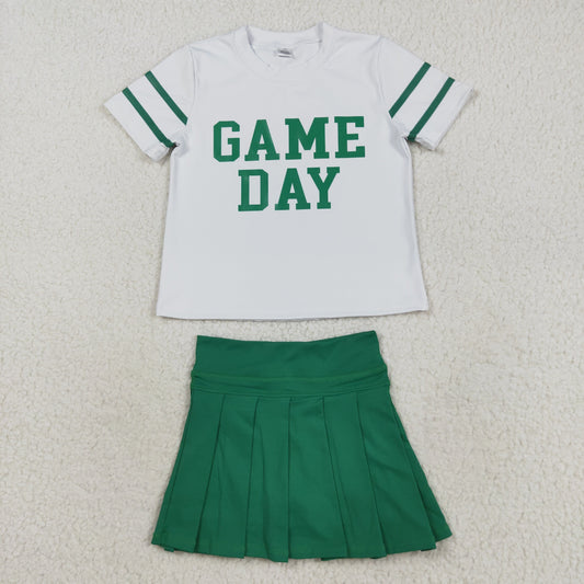 GSD2743 Offset Print Game Day Stripe White Green Short Sleeves Pleated Skirts Shorts Girls Yoga Set 202508 RTS