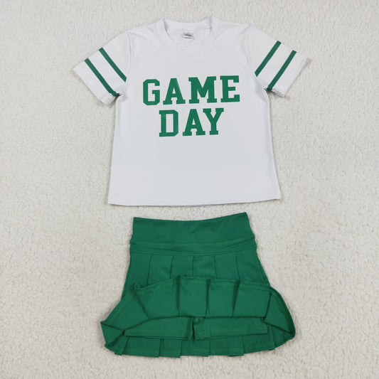 GSD2743 Offset Print Game Day Stripe White Green Short Sleeves Pleated Skirts Shorts Girls Yoga Set 202508 RTS