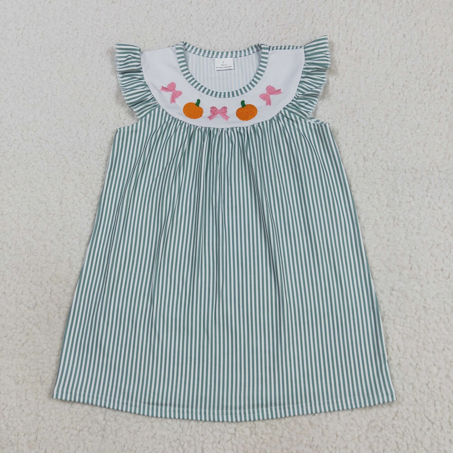 GSD2746 Girls Boutique Embroidered Pumpkin Bows Green Striped Fly Sleeve Dress 202508 RTS