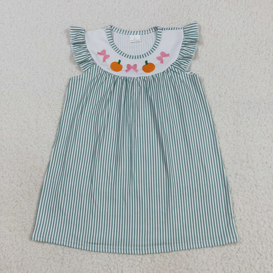GSD2746 Girls Boutique Embroidered Pumpkin Bows Green Striped Fly Sleeve Dress 202508 RTS