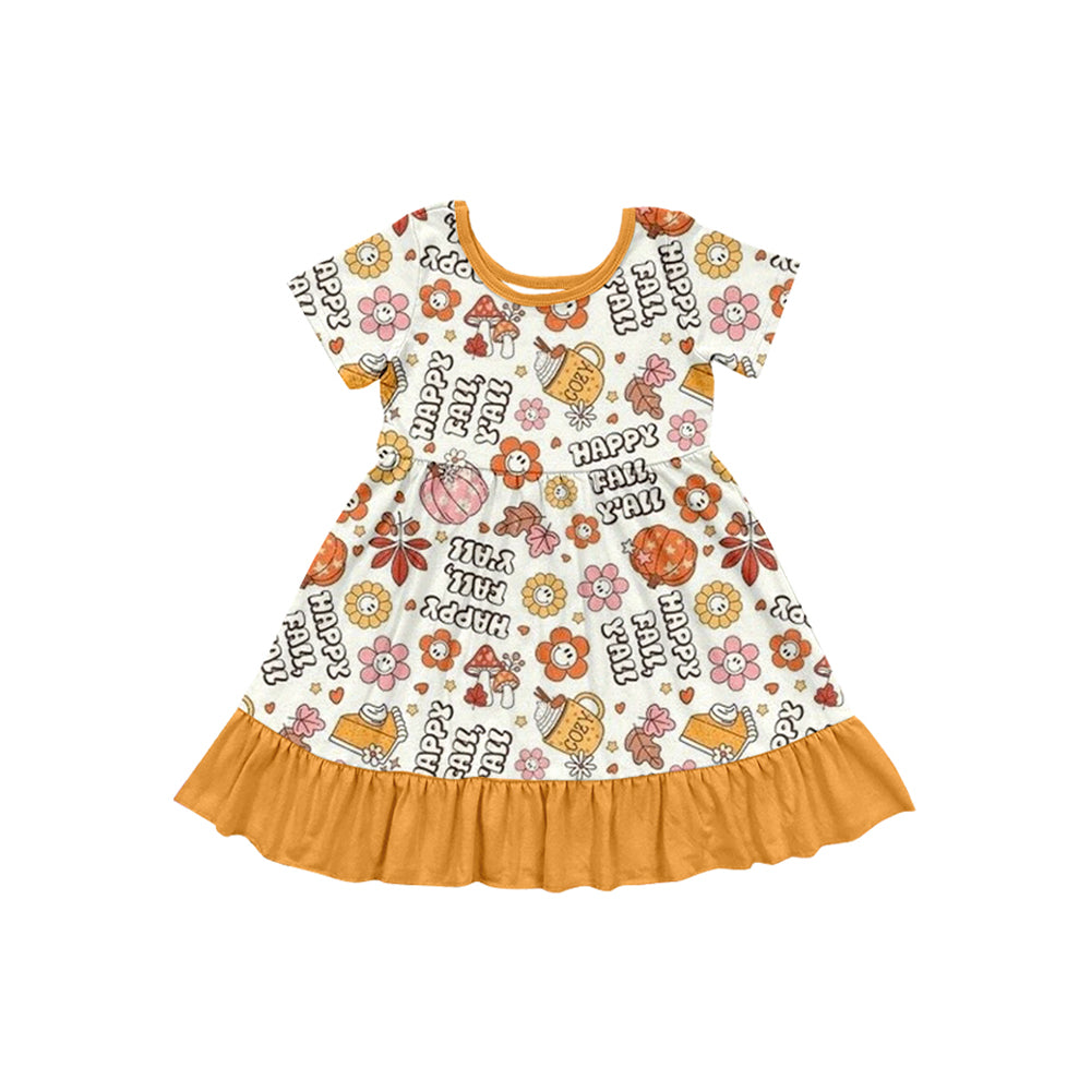 Preorder GSD2756 Happy Fall Yall Flower Leaves Girls Orange Short Sleeve Dress 202507