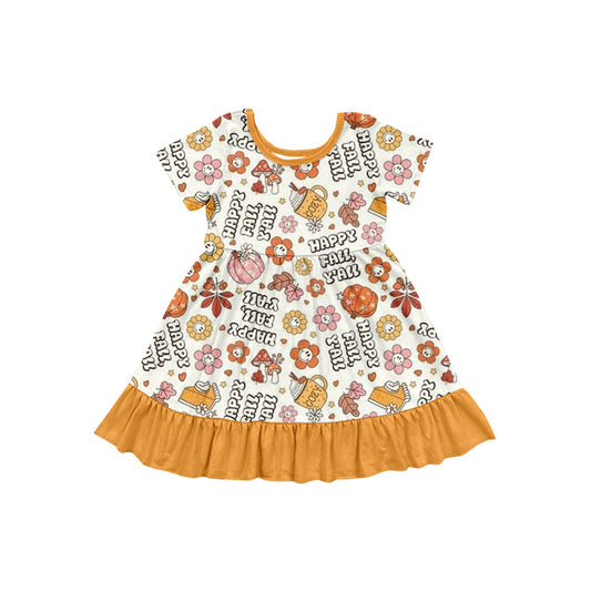 Preorder GSD2756 Happy Fall Yall Flower Leaves Girls Orange Short Sleeve Dress 202507