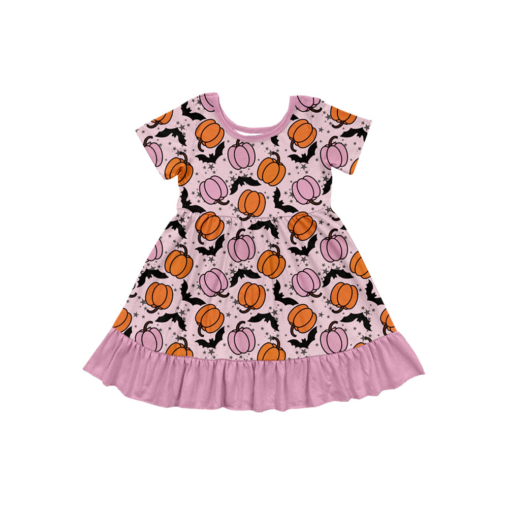 Preorder GSD2757 Pumpkin Bat Pink Ruffle Short Sleeve Girls Dress 202507