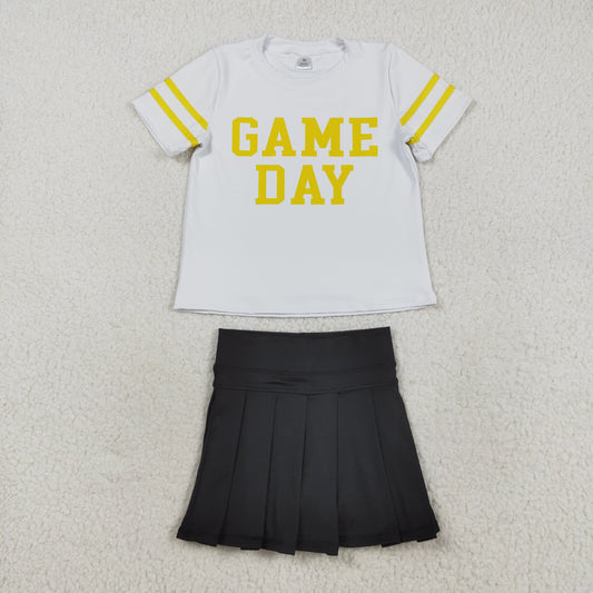 GSD2760 Offset Print Game Day Yellow Green Stripe White Short Sleeves Black Pleated Skirts Shorts Girls Yoga Set 202508 RTS