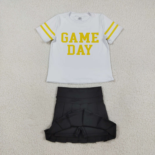 GSD2760 Offset Print Game Day Yellow Green Stripe White Short Sleeves Black Pleated Skirts Shorts Girls Yoga Set 202508 RTS