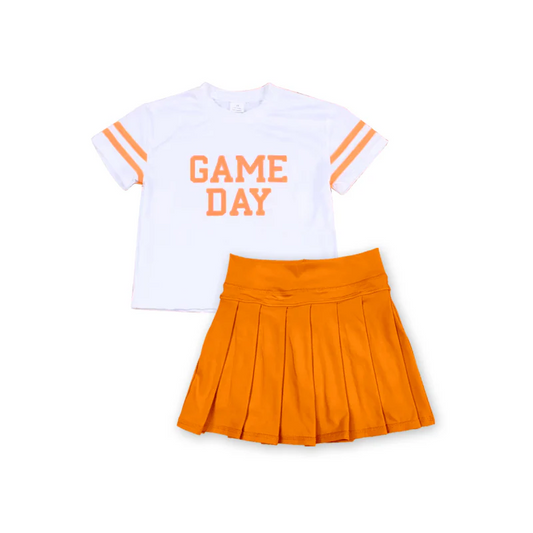 preorder GSD2761 Girls Boutique Game Day Stripe White Orange Short Sleeves Orange Pleated Skirts Shorts Kids Yoga Set 202507