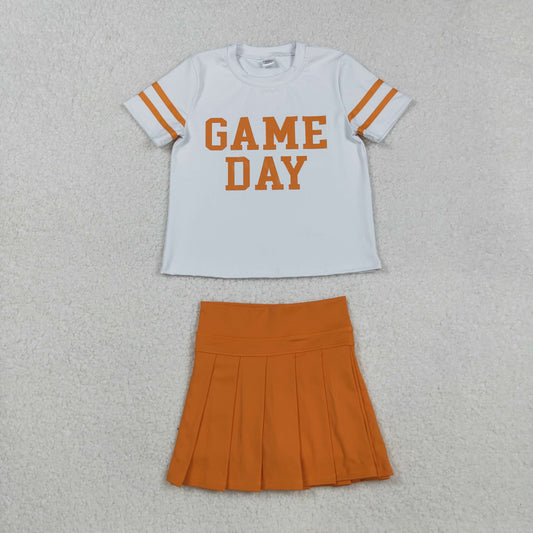 GSD2761 Offset Print Game Day Stripe White Orange Short Sleeves Orange Pleated Skirts Shorts Girls Yoga Set 202509 RTS