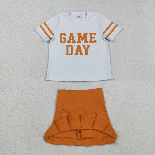 GSD2761 Offset Print Game Day Stripe White Orange Short Sleeves Orange Pleated Skirts Shorts Girls Yoga Set 202509 RTS