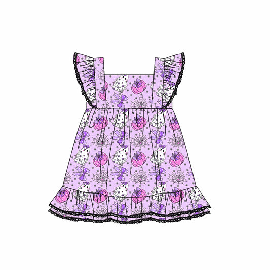 Preorder GSD2762 Halloween Pumpkin Ghost Purple Ruffle Flying Sleeve Girls Dress 202507