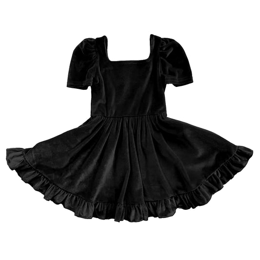 Preorder GSD2766 Christmas Black Velvet  Short Sleeve Girls Dresses 202507