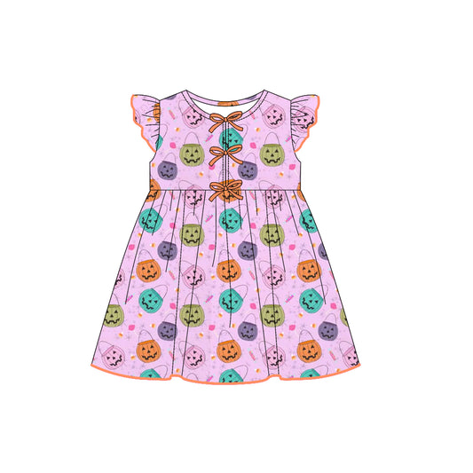 Preorder GSD2771 Halloween Pumpkin Bows Purple Flying Sleeve Girls Dress 202507