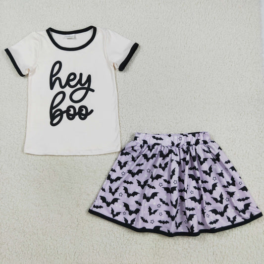 GSD2772 Hey Boo Halloween Short Sleeve Bats Pattern Skirts Girls Sets  202508 RTS