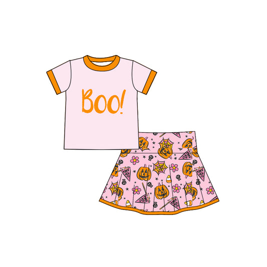 Preorder GSD2775 Halloween Boo Pumpkin Flower Short Sleeve Skirts Girls Sets  202507