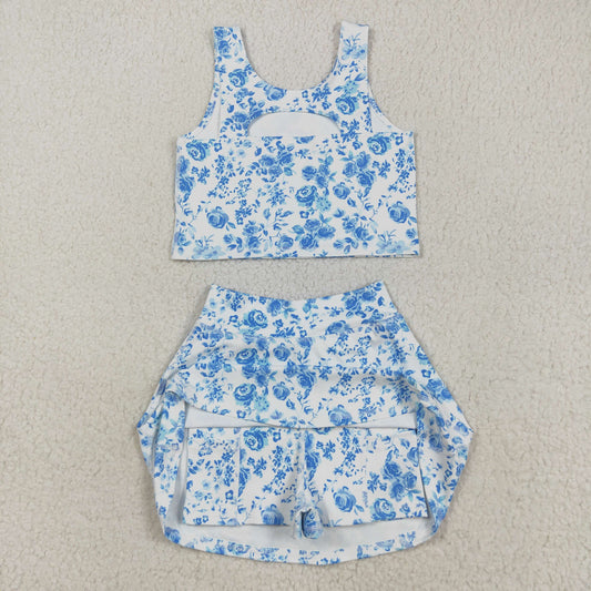 GSD0995 改为---GSD2787 Blue flowers white sleeveless pantsuit High quality swimwear beachwear kids girls